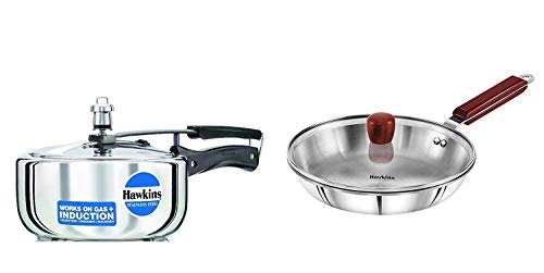 Hawkins Stainless Steel Wide Pressure Cooker, 3 litres and Triply 3 mm Stainless Steel Fry Pan 24 cm with Lid, Set of 2