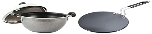 Prestige Omega Select Plus Aluminium Non-Stick Flat Base Kadhai with Lid, 25 cm, Black & Prestige Aluminium Hard Anodised Cookware Induction Base Paratha Tawa, 26.5 cm, Black