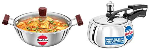 Hawkins Tri-Ply Stainless Steel Induction Compatible Deep Kadhai (Deep-Fry Pan) with Glass Lid, 4 Litre & Stainless Steel Contura Induction Compatible Inner Lid Pressure Cooker, 1.5 Litre