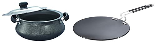 Prestige Omega Select Plus Nonstick Junior Handi with Lid (Black, 20cm) Hard Anodised Aluminium Plus Cookware Induction Base Roti Tawa, 22.5cm, Black