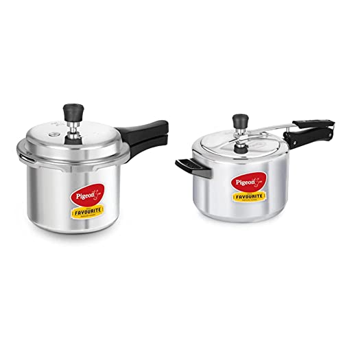 Pigeon by Stovekraft Favourite Induction Base Aluminium Pressure Cooker with Outer Lid, 3 litres (Si & Favourite Aluminium Pressure Cooker with Inner Lid, 5 litres, Silver Combo