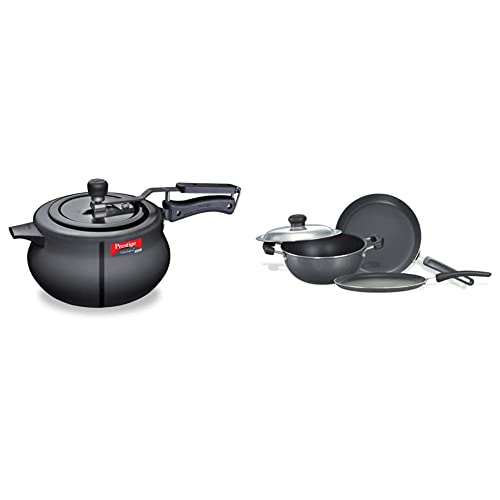 Prestige Svachh Nakshatra Plus Hard Anodised Aluminium Inner Lid 5 Litre Pressure Handi & Omega Select Plus Residue Free Non-Stick Kitchen Set, 3-Pieces/Silver, Aluminium