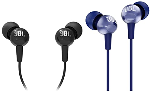 JBL C200SI, Premium in Ear Wired Earphones with Mic, Signature Sound, One Button Multi-Function Remote, Angled Earbuds for Comfort fit (Blue) & C100SI Wired in Ear Headphones with Mic