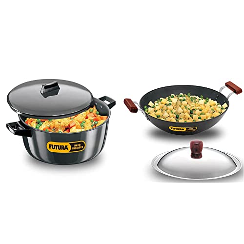 Hawkins - L66 Futura Hard Anodised Cook-N-Serve Bowl, 6 litres, Black & Hawkins - L47 Futura Hard Anodised Deep-Fry Pan with Stainless Steel Lid, 33Cm/5 litres
