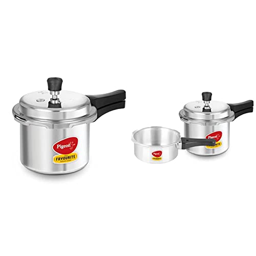 Pigeon by Stovekraft Favourite Induction Base Aluminium Pressure Cooker with Outer Lid, 3 litres (Si & Mini Combi Aluminium Cookware Set, 2-Pieces (2+3 litres), Silver Combo