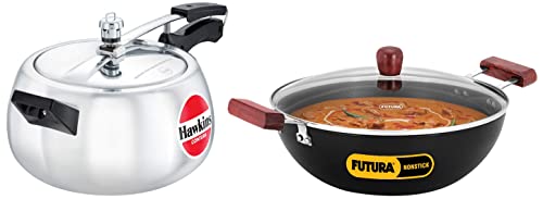 Hawkins Futura 5 Litre Deep Kadhai with Glass Lid, Induction Kadai, Deep Fry Pan & Contura Aluminium Inner Lid Pressure Cooker, 5 Litre, Silver