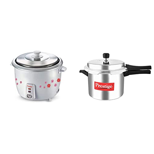 Prestige Prwo 1.8-2 700-Watts Delight Electric Rice Cooker With 2 Aluminium Cooking Pans + Prestige Popular Aluminium Pressure Cooker, 5 Litres, Silver, 5 Liter