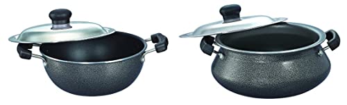 Prestige Omega Select Plus Non-Stick Flat Base Kadai with Lid, 20cm, 2.2 litres, Black & Omega Select Plus Mini Handi with SS Lid, 2.5 Litre, Black Combo