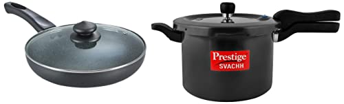 Prestige Svachh 5 Litre Aluminium Pressure Cooker with Hard Anodized Body (Black) & Prestige Aluminium Omega Deluxe Granite Fry Pan with Lid, 26 cm,Black