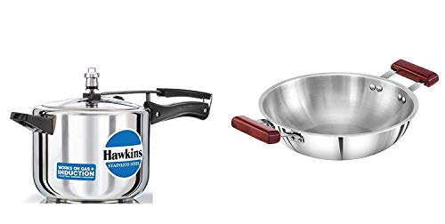 Hawkins Stainless Steel Tall Pressure Cooker, 3 litres and Triply 3 mm Stainless Steel Deep Fry Pan/Kadhai 2.5 LTR, Set of 2