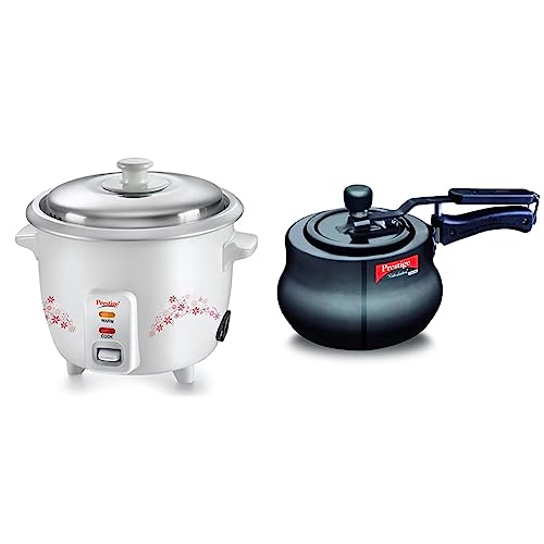 Prestige Delight PRWO 1.5 Electric Rice cooker with Steaming Feature (1.5 Liters, White) & Prestige Nakshatra Plus Svachh Hard Anodised Spillage Control Handi Inner Lid Pressure Cooker, 3 L (Black)