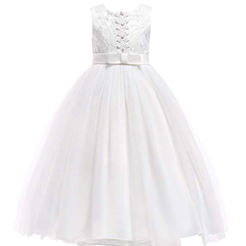 Glamulice Girls Lace Bridesmaid Dress Long A Line Wedding Pageant Dresses Tulle Party Gown New Year Kids Girls First Communion Princess Costume Ball Gown (15-16Y, O-White)