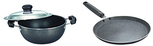 Prestige Aluminium Omega Select Plus Non-Stick Flat Base Kadhai with Lid, 20cm, 2.2 Liters, Black & Prestige Omega Deluxe Granite Dosa Tawa, 28 cm, Black