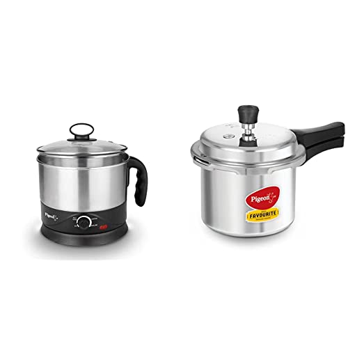 Pigeon Kessel Multipurpose Kettle 600 Watt, 1.2 L with Stainless Steel Body & Favourite Induction Base Aluminium Pressure Cooker with Outer Lid, 3 Litres