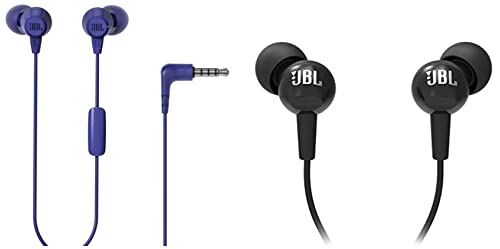 JBL C100SI Wired in Ear Headphones with Mic, Pure Bass Sound, One Button Multi-Function Remote (Black) & C50HI, Wired in Ear Headphones with Mic, Lightweight & Comfortable fit (Blue)