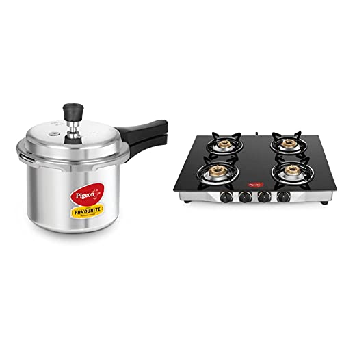 Pigeon by Stovekraft Favourite Induction Base Aluminium Pressure Cooker with Outer Lid, 3 litres (Si & Blaze Blackline Glass 4 Burner Gas Cooktop (Black) Combo