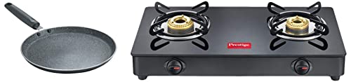 Prestige IRIS LPG Gas Stove, 2 Burner, Black, Powder coater Mild Steel with Glass Top, Manual & Prestige Omega Deluxe Granite Dosa Tawa, 28 cm, Black