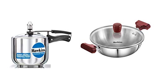 Hawkins Stainless Steel Pressure Cooker And Tri-Ply Stainless Steel Deep-Fry Pan (Kadhai), Combo (3 Lts Tall + 1.5 Lts / 22 Cm With Lid), 3 Liter