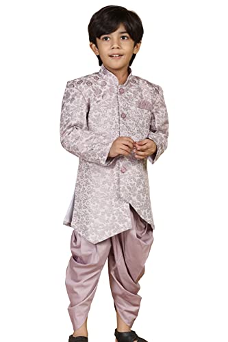 AJ DEZINES Boys Purple Jacquard Floral Jaal Assemetric Sherwani Set (5-6 Years)