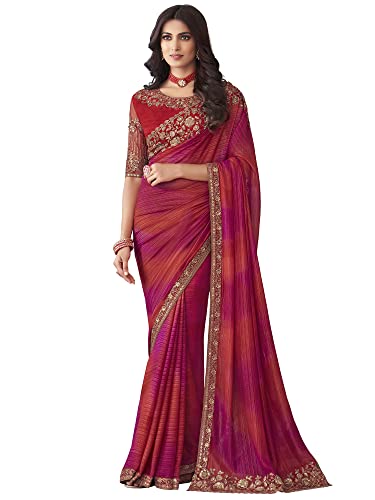 AKHILAM Women's And Girls Embroidery Lace & Sequence Embroidery Chiffon Saree With Unstitched Blouse Piece (Pink_SILVER27001_TFH)