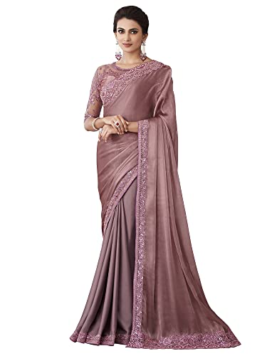 AKHILAM Women's And Girls Embroidery Lace & Sequence Embroidery Tissue Saree With Unstitched Blouse Piece (Mauve_SILVER27018_TFH)