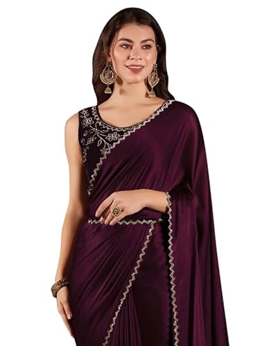 AKHILAM Women's Chiffon Solid Embellished Saree With Unstitched Blouse Piece(Magenta_MAHEK720B_MK)