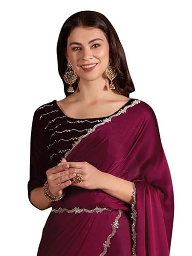 AKHILAM Women's Chiffon Solid Embellished Saree With Unstitched Blouse Piece(Pink_MAHEK722C_MK)