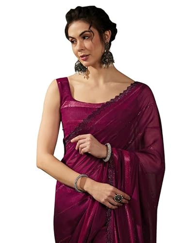 AKHILAM Women's Georgette Striped Embellished Saree With Unstitched Blouse Piece(Magenta_ASURPS1002_SM)