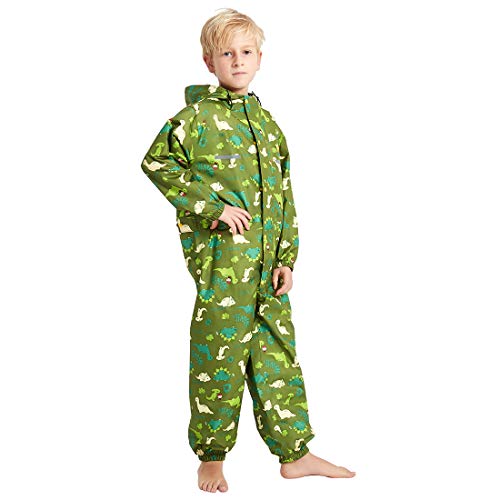ALIWINER Kids Hooded Rainsuit Waterproof Coverall Toddler Rain Wear for Boys and Girs 2-12 Years Old Green M