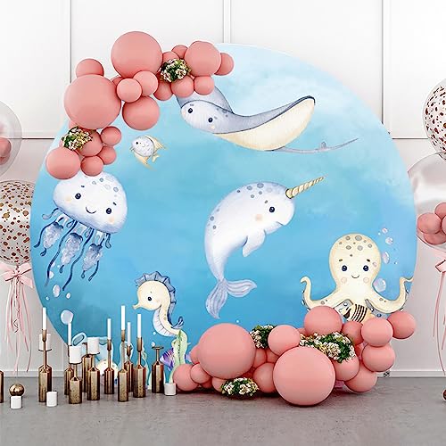 AOFOTO 6x6ft Under The Sea Round Backdrop Underwater World Cartoon Marine Life Summer Ocean Theme Photography Background Baby Shower Kids Newborn Birthday Party Decorations Supplies