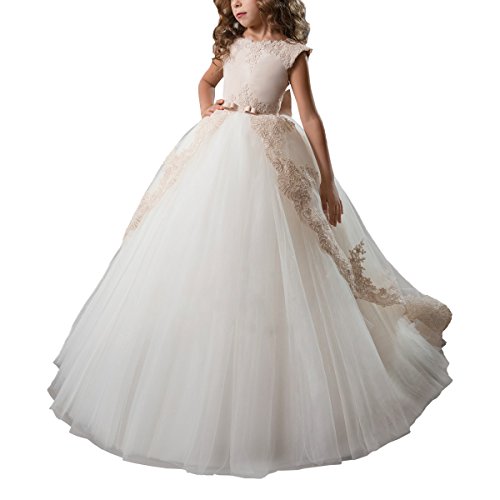 Abaosisters Fancy Flower Girl Dress Satin Lace Pageant Ball Gown Champagne Size 6