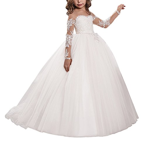 Abaowedding Lace Embroidery Sheer Long Sleeves Kids Trailing Gowns Size 10,White