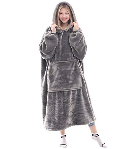 (Adult, B) - Waitu Wearable Blanket Snuggle Hoody Blanket Sweatshirt for Adult and Child, Super Warm and Cosy Blanket Hoodie for Women and Men, Flannel Blanket with Sleeves and Giant Pocket - Grey