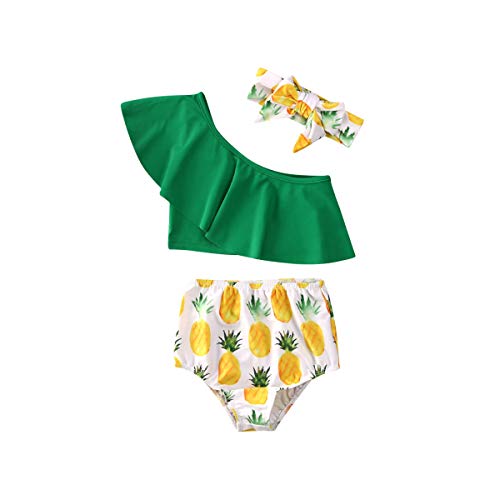 Ambabe Toddler Baby Girl Bikini Set One Shoulder Ruffle Top Pineapple Panties Headband Swimsuits Bathing Suits, Bean Green, 6-12 Months