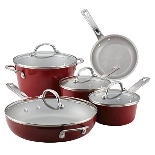 Ayesha Curry Home Collection Aluminium Nonstick Cookware Set, Saucepans: 1.5-Qt/ 2-qt, 5.5-Qt covered Dutch oven, 9 Piece (Sienna Red)