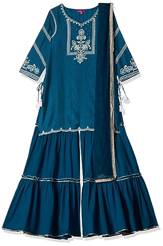 BIBA Girls Blue Art Silk Straight Kurta Sharara Suit Set