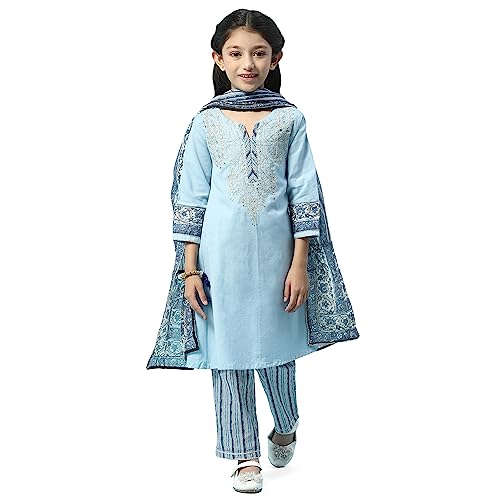 BIBA Girls Girl's Cotton Salwar Suit Set (KW5000SS23POWRBLU_Blue