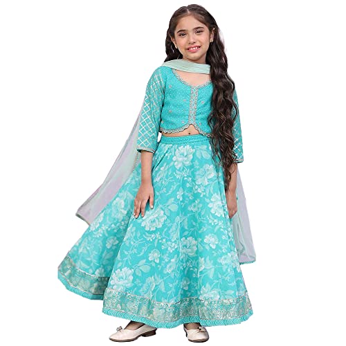 BIBA Girls Girl's Sea Green Art Silk Lehenga Set