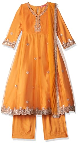 BIBA Girls Orange Art Silk A-Line Straight Kurta Palazzo Suit Set