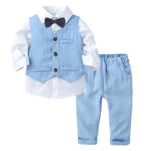 Baby Boys 3Pcs Gentleman Suit Kids Formal Outfits Set Bowtie Long Sleeve Shirt+ Tuxedo Vest+ Pants Light Blue