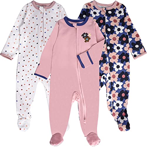Baby Gilr's Footed Pajamas,3 Pack Cotton Onesie, Flower+dots-pink, 12 Months