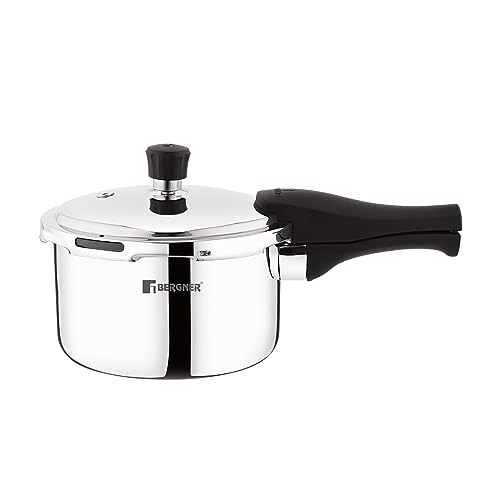 Bergner Trimax Stainless Steel 2 Ltr Outer Lid Pressure Cooker | Silver Steel Cooker | Durable Triply Construction | Easy Locking | Silicone Gasket | Induction & Gas Ready | 5-Year Warranty