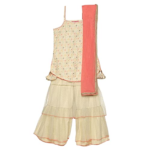 Biba Girls Cream Cotton Straight Kurta Sharara Suit Set