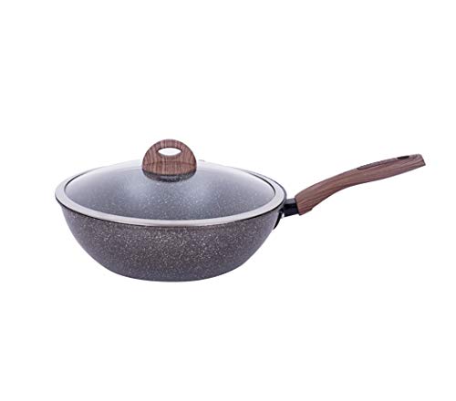 Black 30CM medical stone non-stick wok with lid, universal gas induction cooker(size: 11.8 inches long x 3.5 inches high)