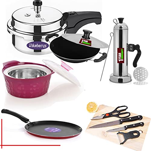 Blueberry'sFamily Combo Appachatty+2L Pressure Cooker+Puttu Maker+Hexon 2000ml+Tawa 26cm Induction Base+Knife Set,Made in India,Best for Gift