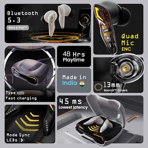 Boult Audio [Just Launched] UFO True Wireless in Ear Earbuds with 48H Playtime, Built-in App Support, 4 Mics Clear Calling, Low Latency Gaming, Made in India Bluetooth 5.3 TWS Ear Buds (White Opal)