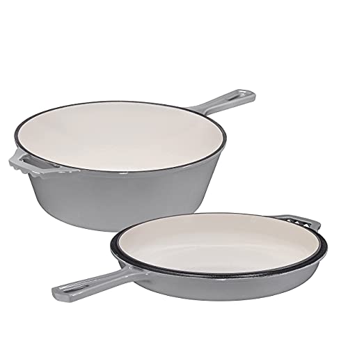 Bruntmor 2-in-1, 5 Quart Enamel Cast Iron Dutch Oven With Handle, 5 Qt Grey Cast Iron Skillet, Enamel All-in-One Cookware Braising Pan For Casserole Dish, Crock Pot Covered With Cast Iron