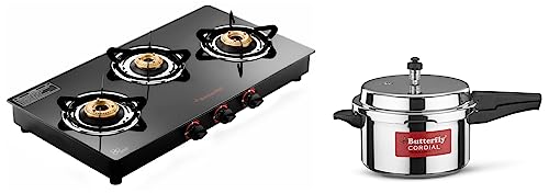 Butterfly Rapid 3B Auto Ignition LPG Glass Top Stove (3 Burners, Black) & Butterfly Cordial Non Induction Base Aluminium Pressure Cooker with Outer Lid, 5 Litres, Silver