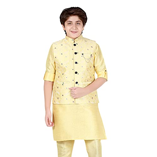 CAVIO Boys Regular Wedding Kurta Waistcoat and Pyjama Set | Lemon |