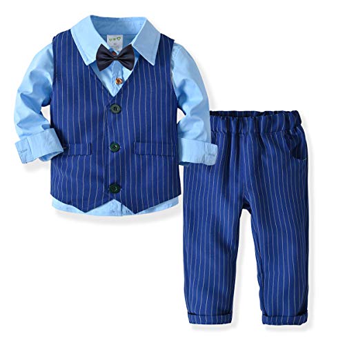 Carlatar Little Boys Gentleman Formal Suit Set with Vest, Pant, Shirt, and Bow Tie,Baby Boys Long Sleeve Wear Weding 4Pcs Outfit (Blue, 130/6-7T)